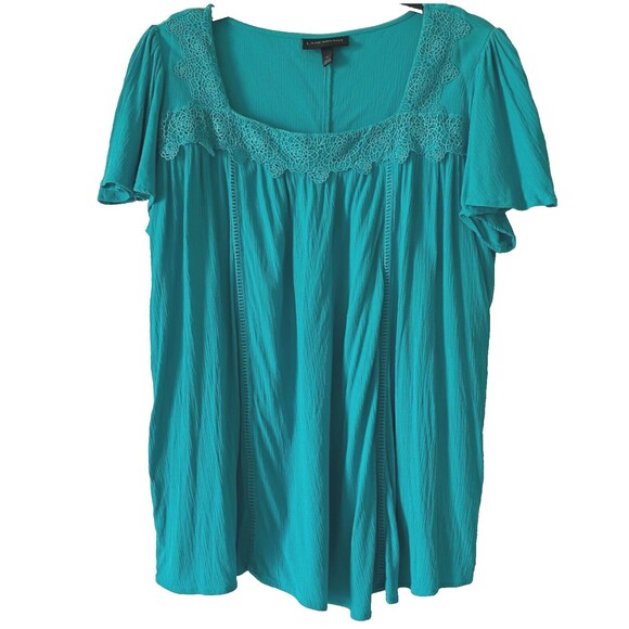 Lane Bryant Women's Tunic Teal Sz 14 Flare Sleeve Squared Neck Rayon Blouse Top - Picture 1 of 11